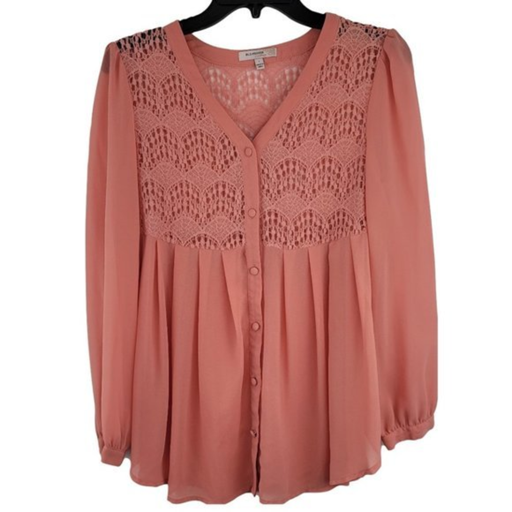 Blu Pepper Vintage Women Small Pink Lace Front Back Button Up Long Sleeve‎ Shirt